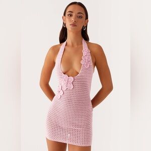 Peppermayo Pink Crochet Halter Mini Dress